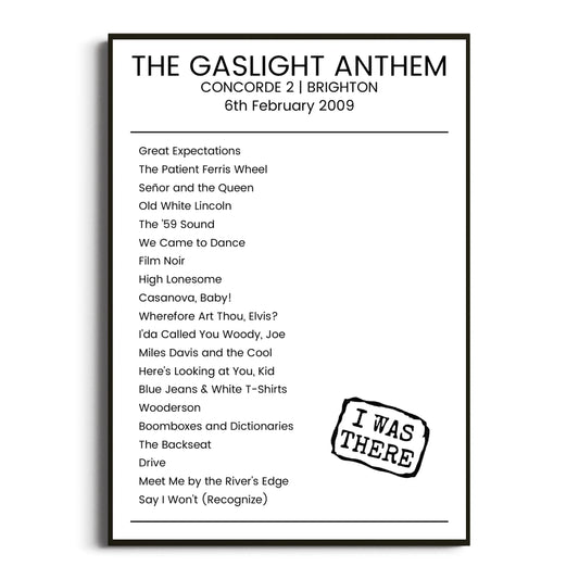 The Gaslight Anthem Brighton 06 February 2009 Setlist Poster