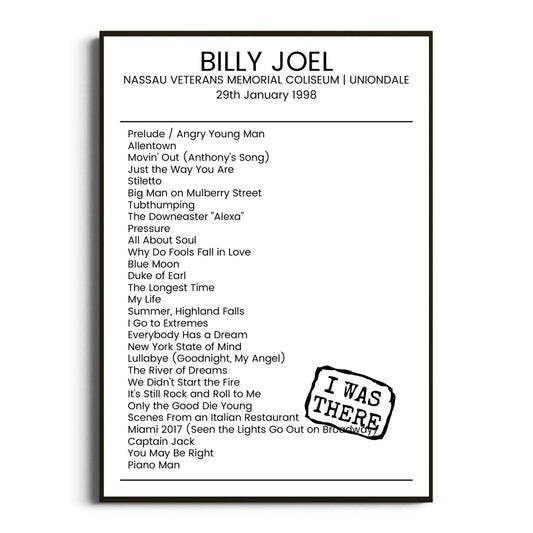 Billy Joel Uniondale 29 January 1998 Setlist Poster