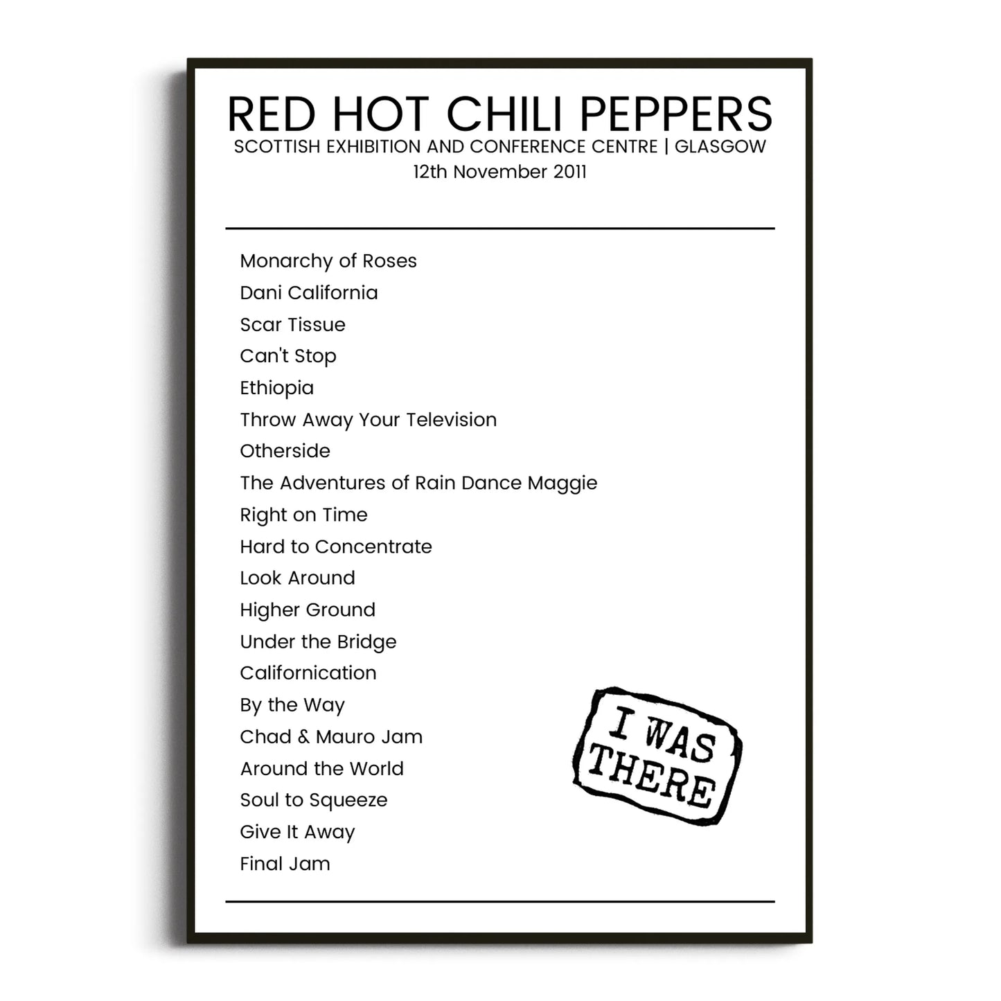 Red Hot Chili Peppers Glasgow 12 November 2011 Setlist Poster