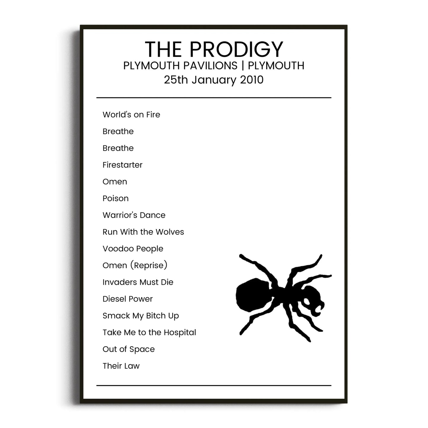 The Prodigy Plymouth 25 January 2010 Setlist Poster