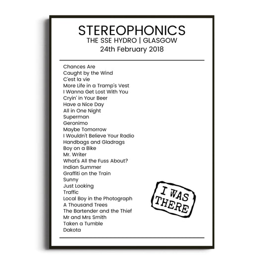 Stereophonics Glasgow 24 February 2018 Setlist Poster