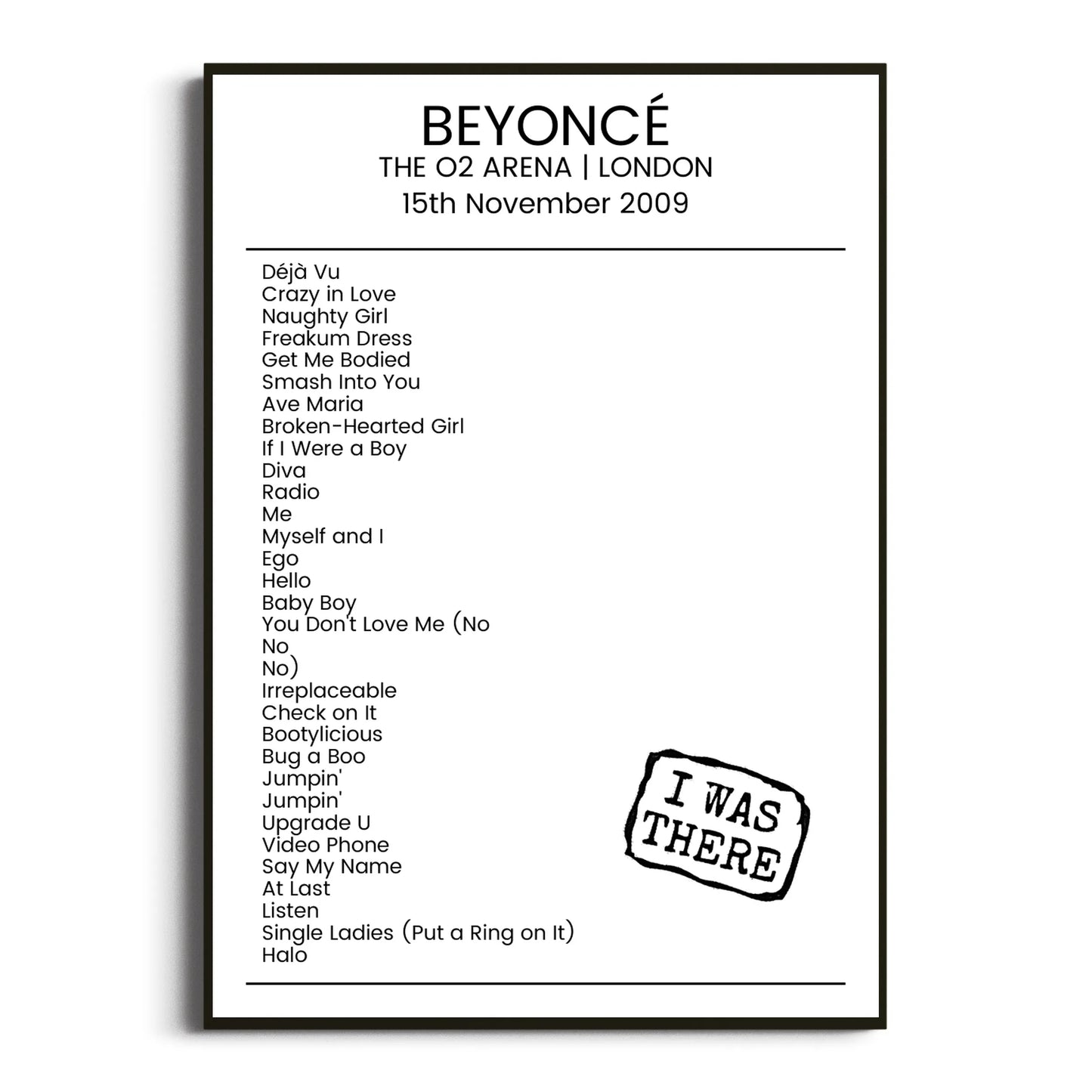 Beyoncé London 15 November 2009 Setlist Poster