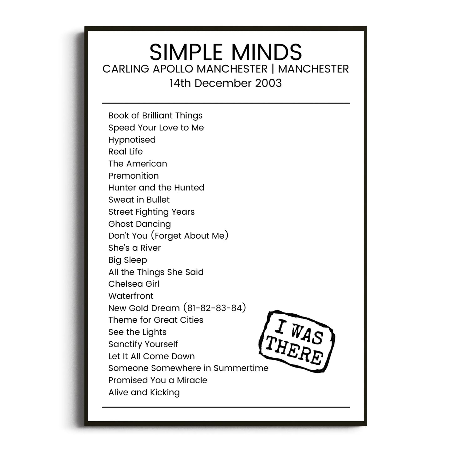 Simple Minds Manchester 14 December 2003 Setlist Poster