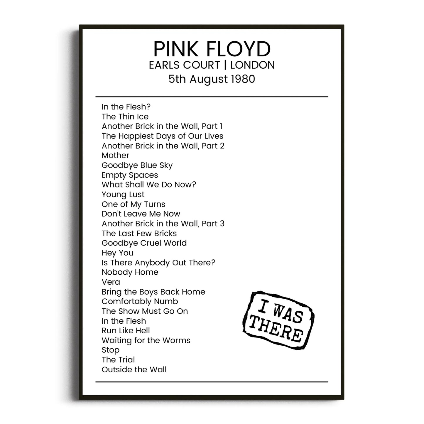 Pink Floyd London 05 August 1980 Setlist Poster