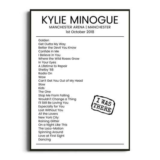 Kylie Minogue Manchester 01 October 2018 Setlist Poster