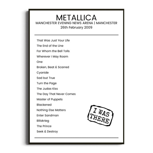 Metallica Manchester 26 February 2009 Setlist Poster