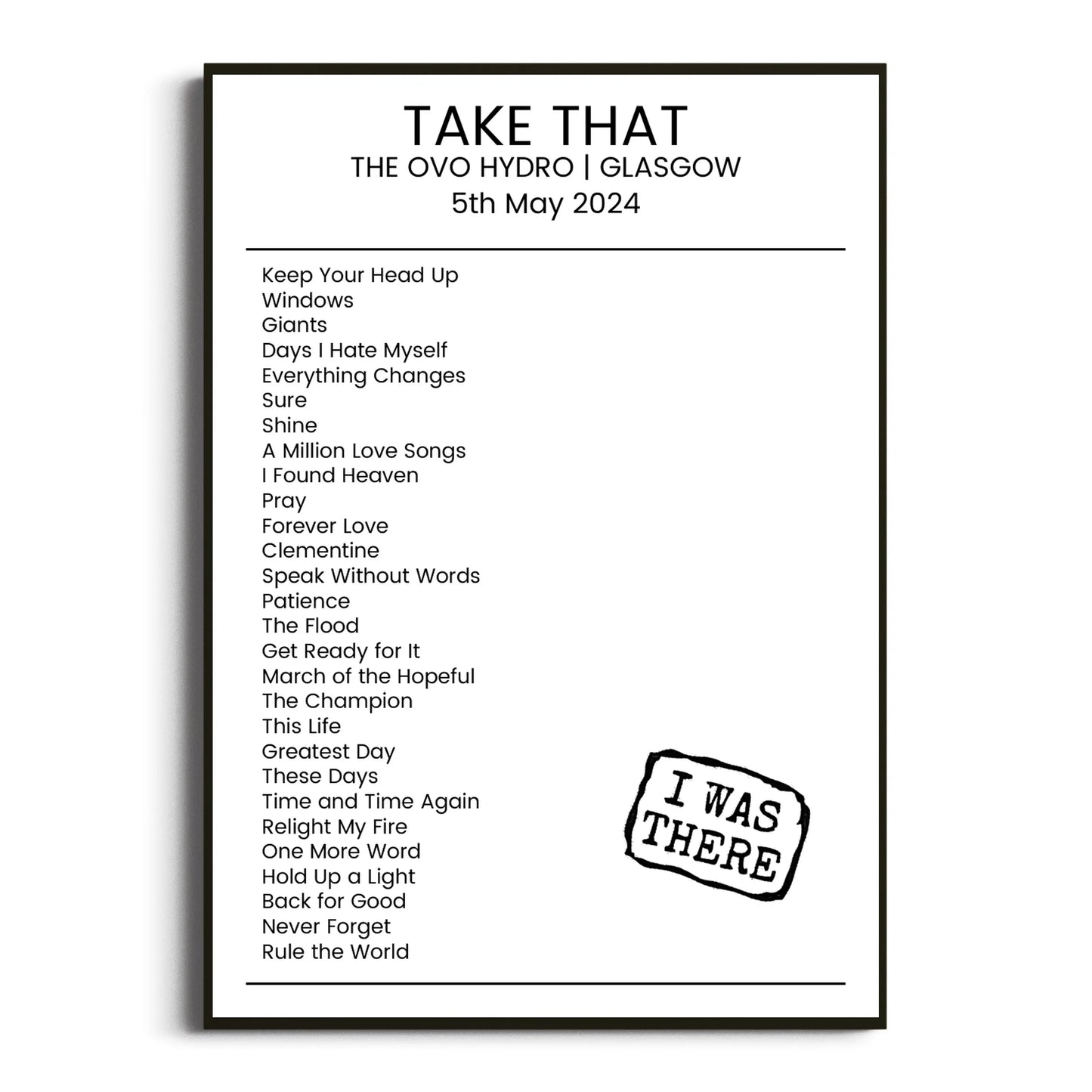 Take That Glasgow 05 May 2024 Setlist Poster