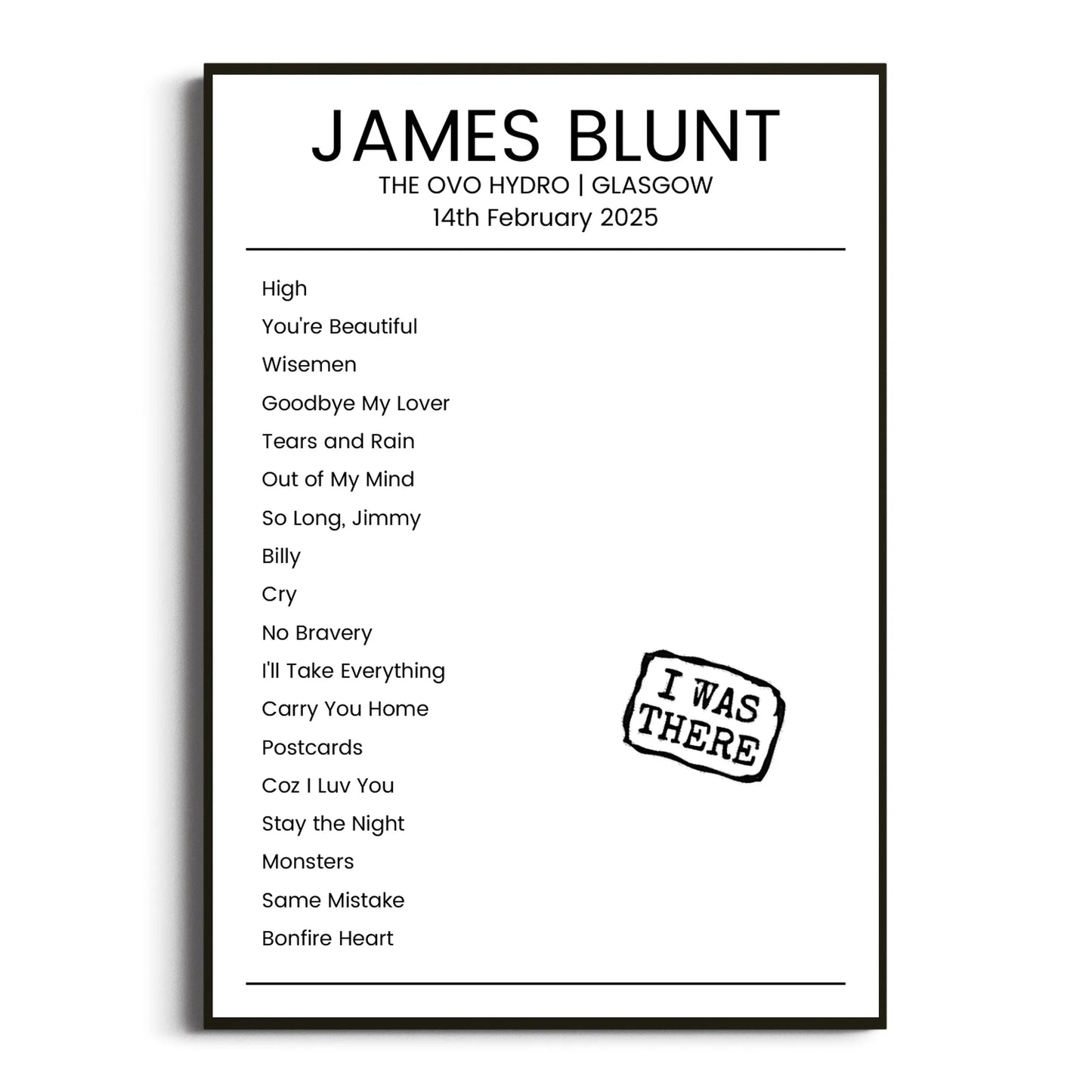 James Blunt Glasgow 14 February 2025 Setlist Poster