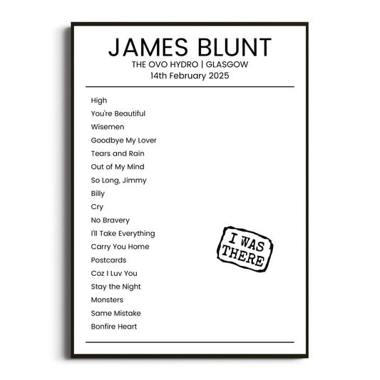 James Blunt Glasgow 14 February 2025 Setlist Poster