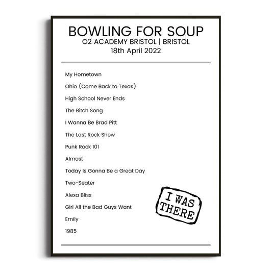 Bowling for Soup Bristol 18 April 2022 Setlist Poster