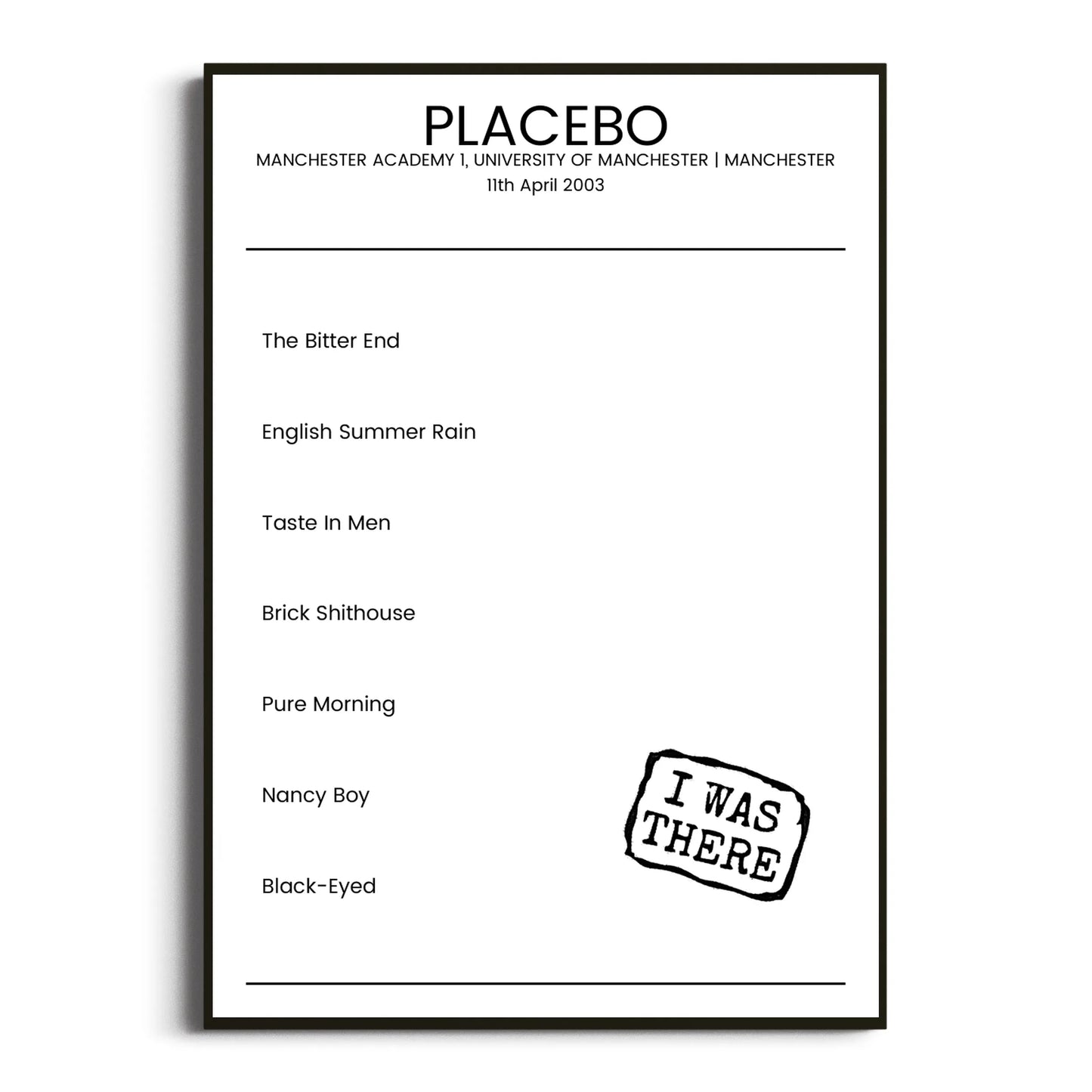 Placebo Manchester 11 April 2003 Setlist Poster