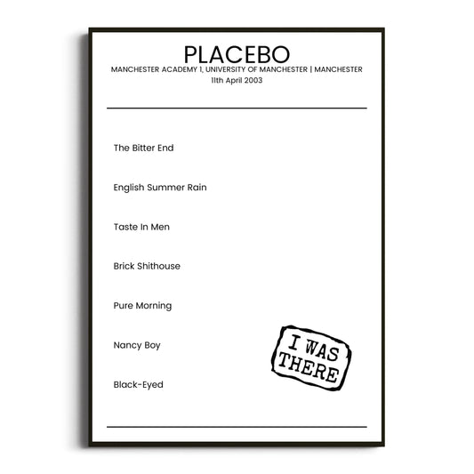 Placebo Manchester 11 April 2003 Setlist Poster