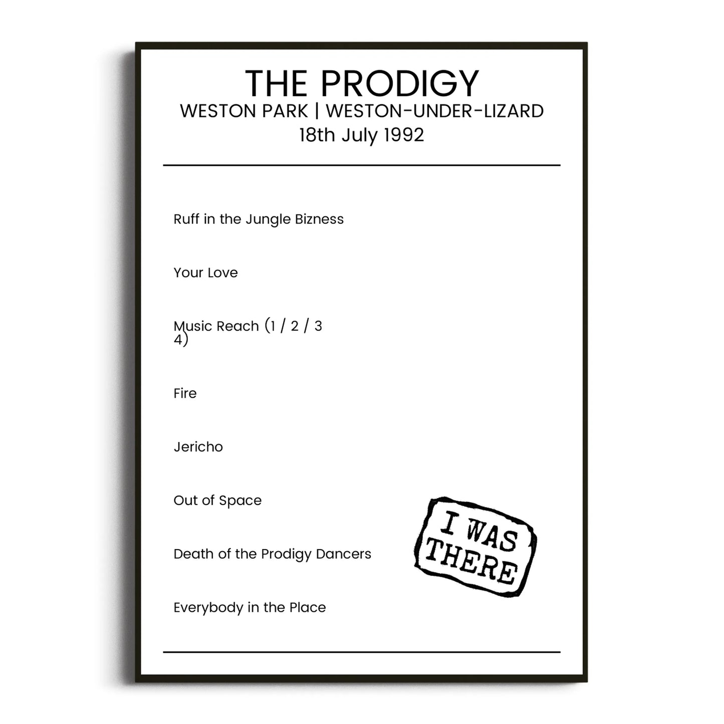 The Prodigy Weston-under-Lizard 18 July 1992 Setlist Poster