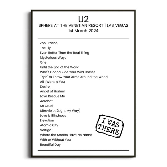 U2 Las Vegas 01 March 2024 Setlist Poster