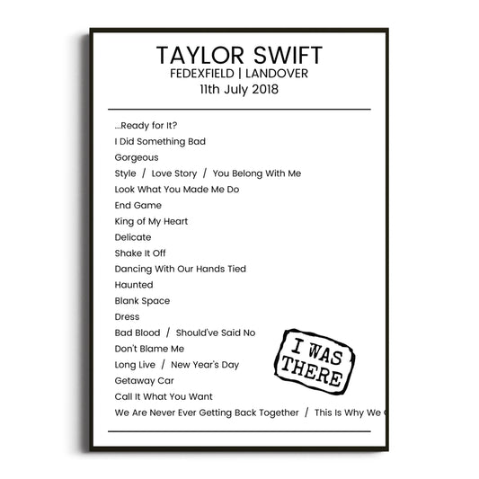 Taylor Swift Landover 11 July 2018 Setlist Poster