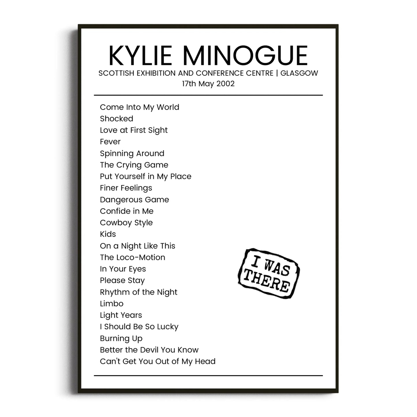 Kylie Minogue Glasgow 17 May 2002 Setlist Poster