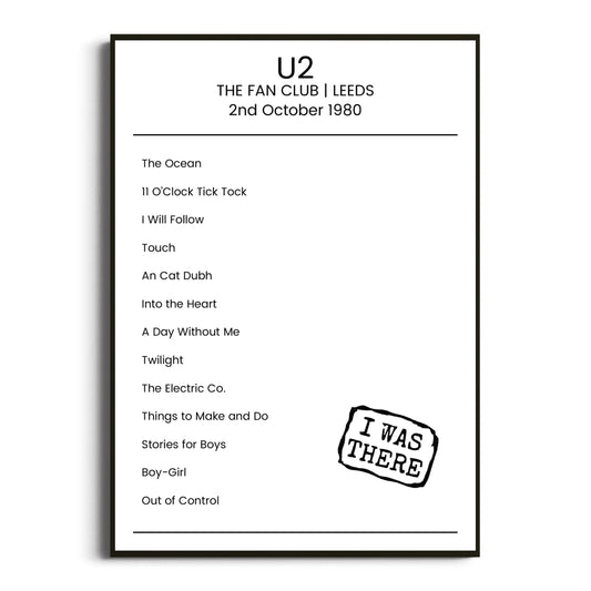 U2 Leeds 02 October 1980 Setlist Poster