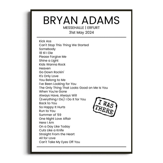 Bryan Adams Erfurt 31 May 2024 Setlist Poster