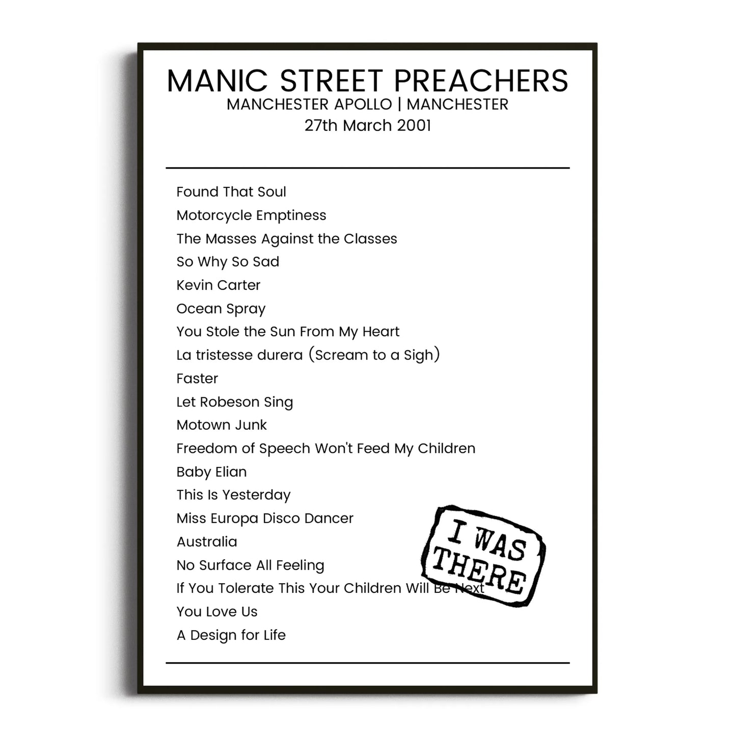 Manic Street Preachers Manchester 27 March 2001 Setlist Poster