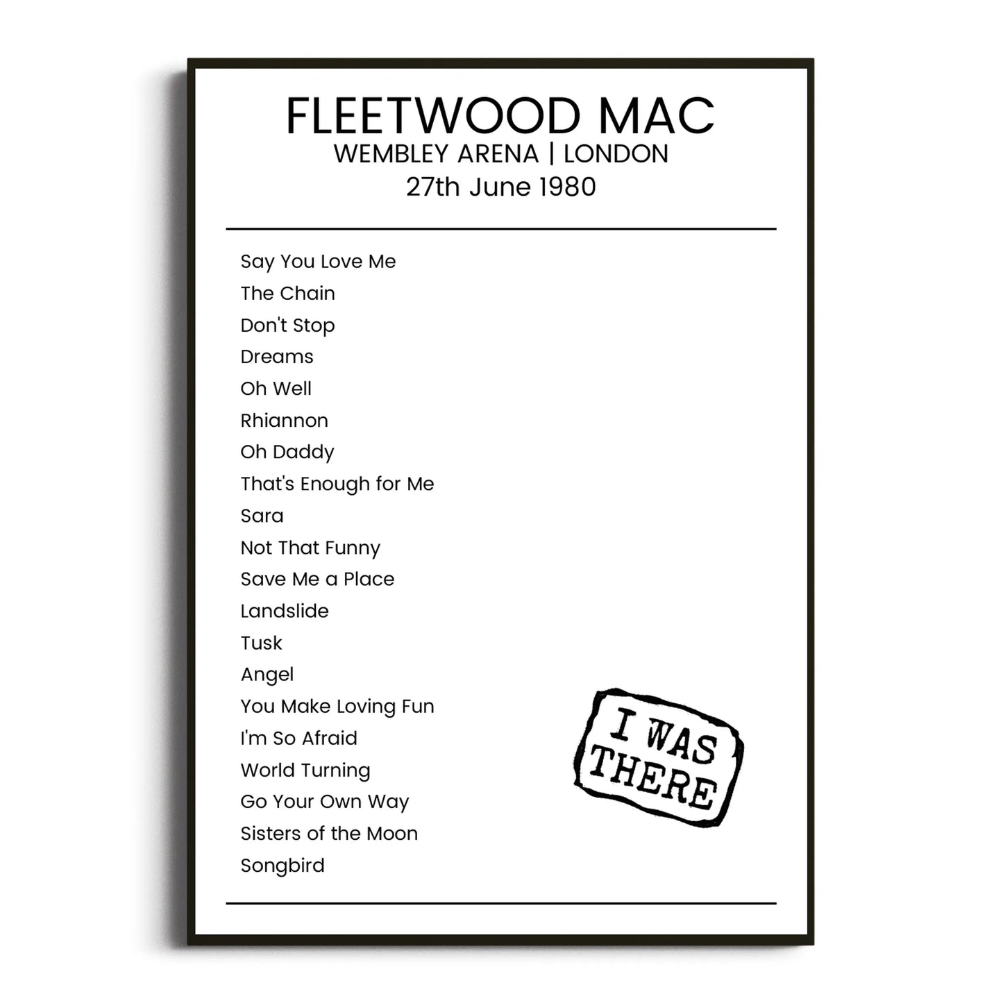 Fleetwood Mac London 27 June 1980 Setlist Poster