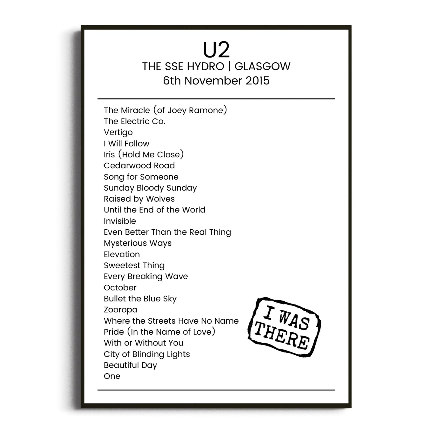 U2 Glasgow 06 November 2015 Setlist Poster