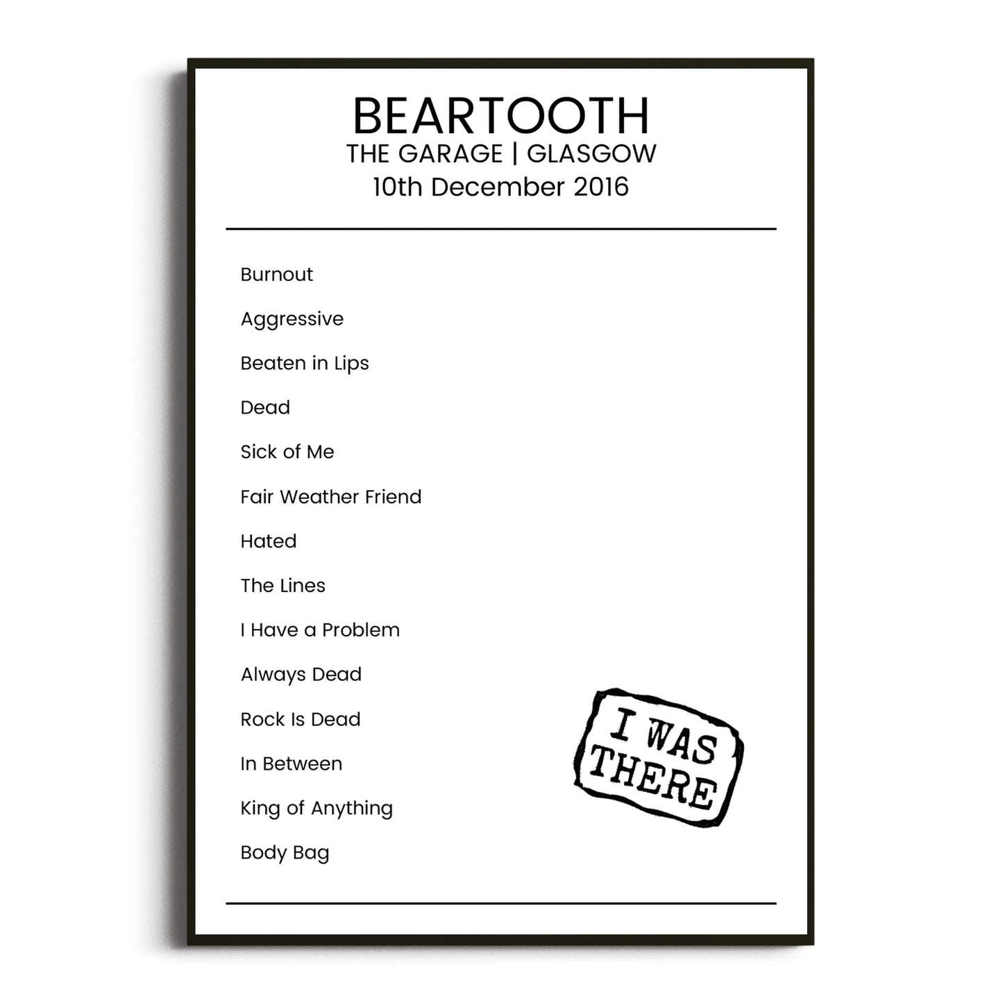 Beartooth Glasgow 10 December 2016 Setlist Poster