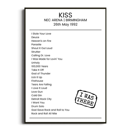 KISS Birmingham 26 May 1992 Setlist Poster