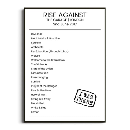 Rise Against London 02 June 2017 Setlist Poster