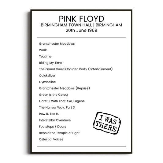 Pink Floyd Birmingham 20 June 1969 Setlist Poster