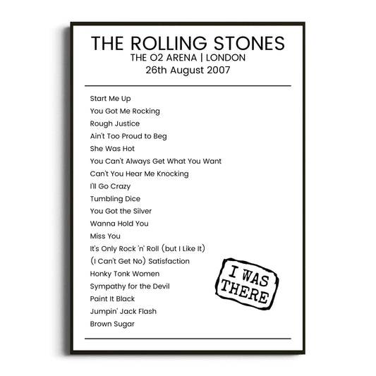 The Rolling Stones London 26 August 2007 Setlist Poster