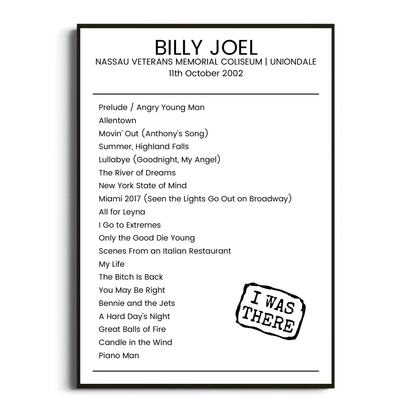 Billy Joel Uniondale 11 October 2002 Setlist Poster