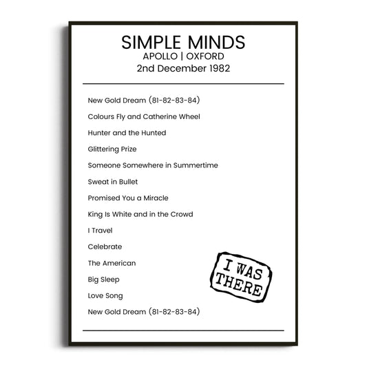 Simple Minds Oxford 02 December 1982 Setlist Poster