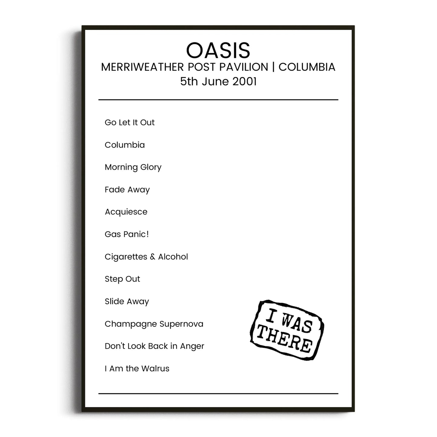 Oasis Columbia 05 June 2001 Setlist Poster