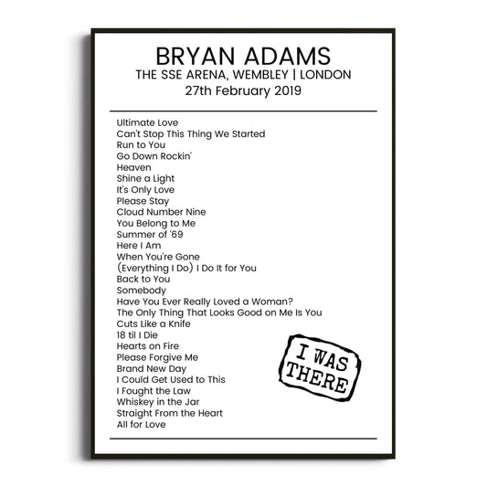 Bryan Adams London 27 February 2019 Setlist Poster