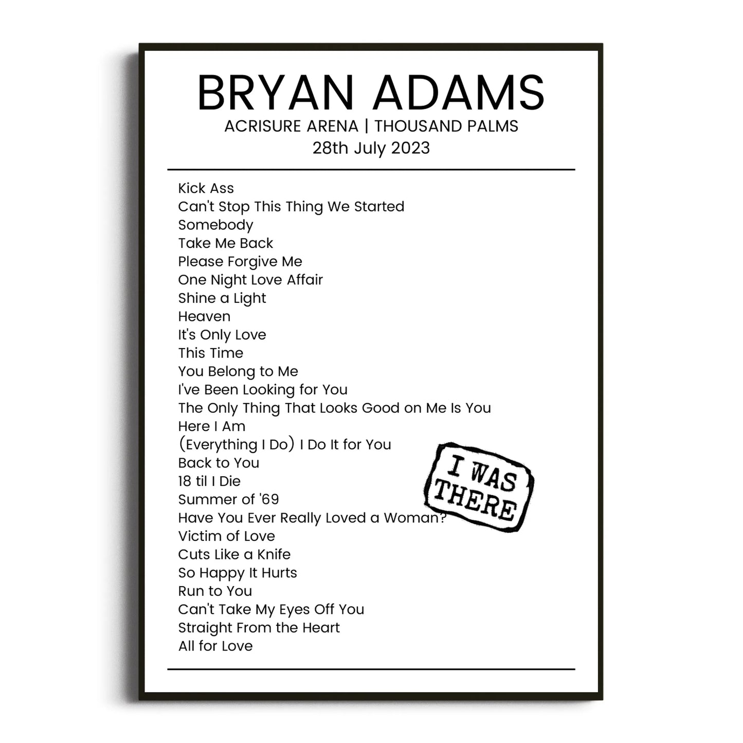 Bryan Adams Thousand Palms 28 July 2023 Setlist Poster