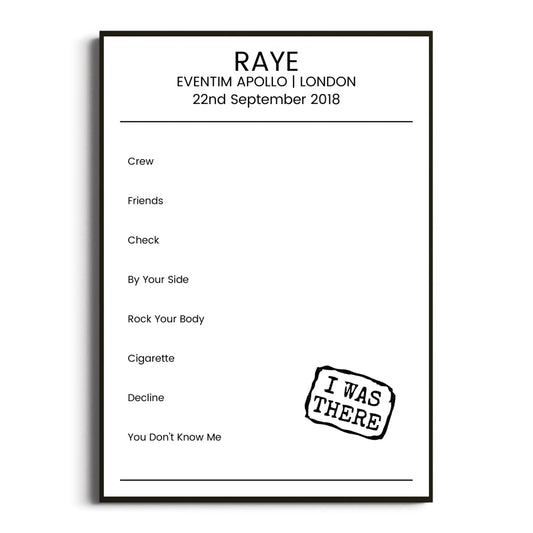 RAYE London 22 September 2018 Setlist Poster