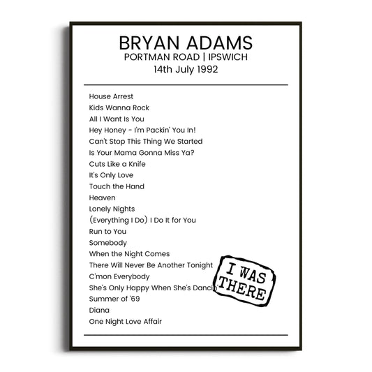 Bryan Adams Ipswich 14 July 1992 Setlist Poster