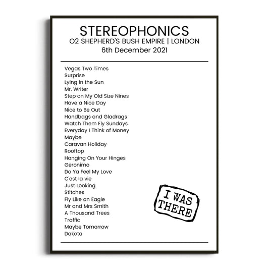 Stereophonics London 06 December 2021 Setlist Poster