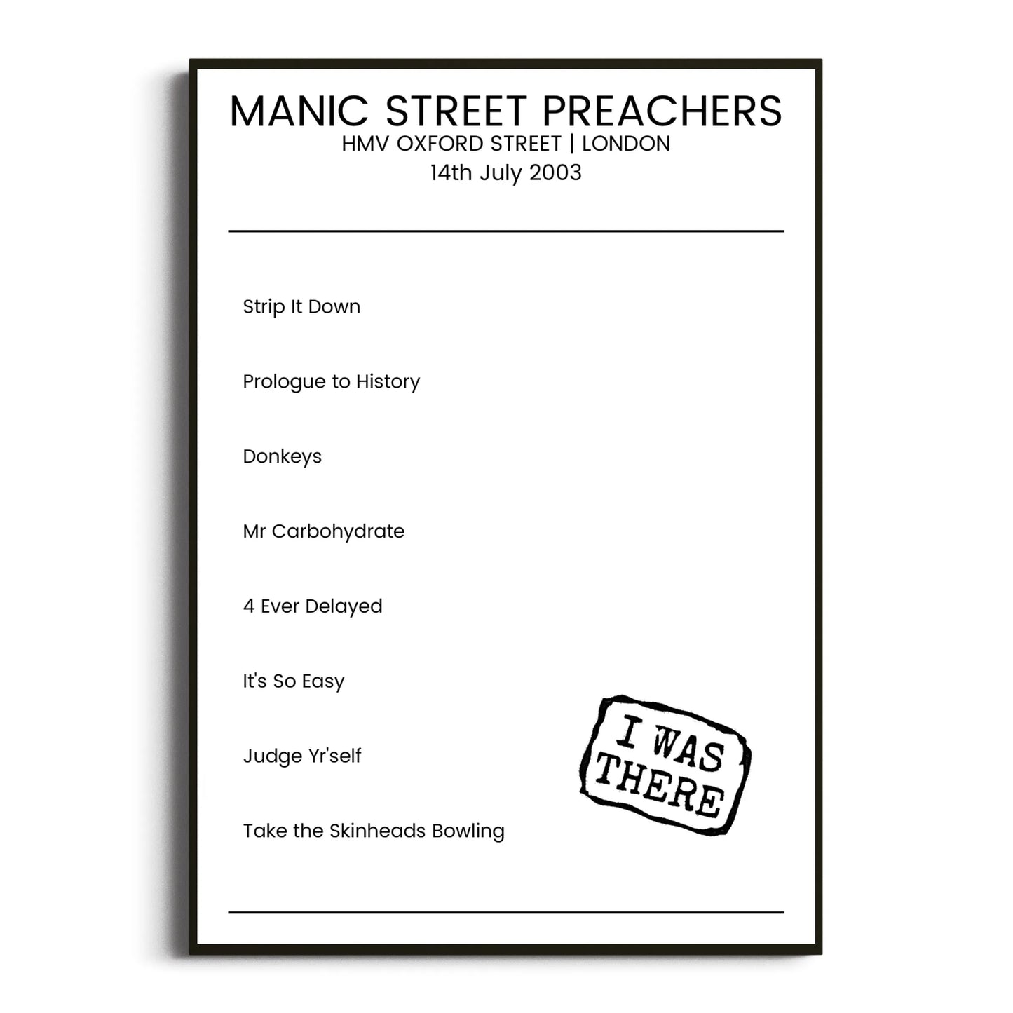 Manic Street Preachers London 14 July 2003 Setlist Poster