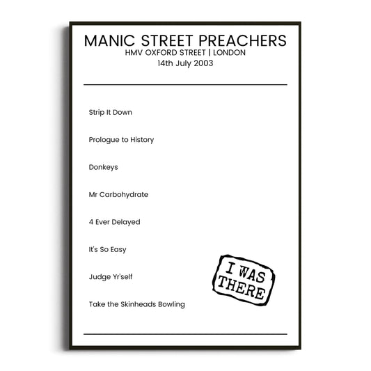 Manic Street Preachers London 14 July 2003 Setlist Poster