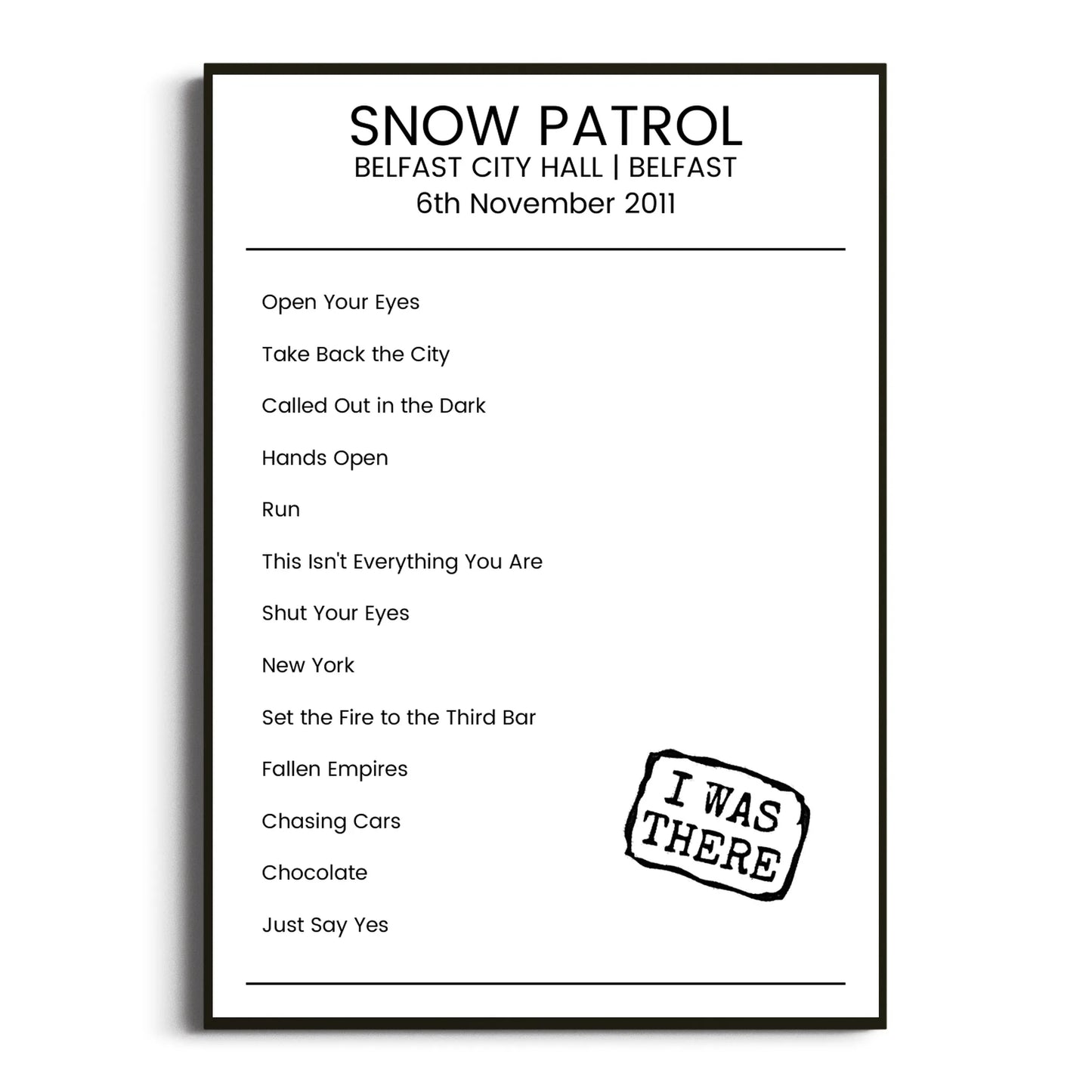 Snow Patrol Belfast 06 November 2011 Setlist Poster