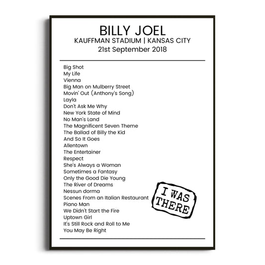 Billy Joel Kansas City 21 September 2018 Setlist Poster