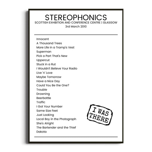 Stereophonics Glasgow 03 March 2010 Setlist Poster