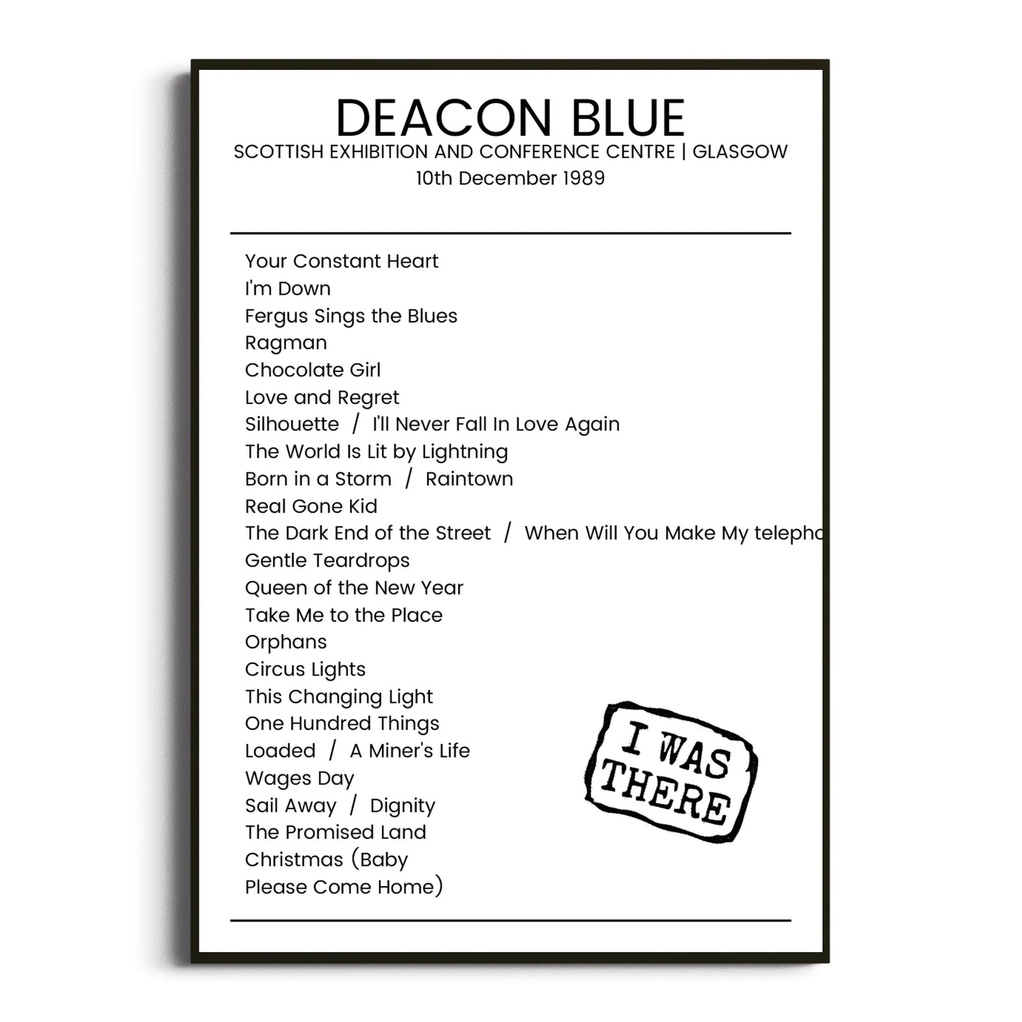 Deacon Blue Glasgow 10 December 1989 Setlist Poster