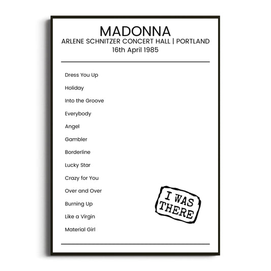 Madonna Portland 16 April 1985 Setlist Poster