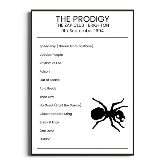 The Prodigy Brighton 09 September 1994 Setlist Poster