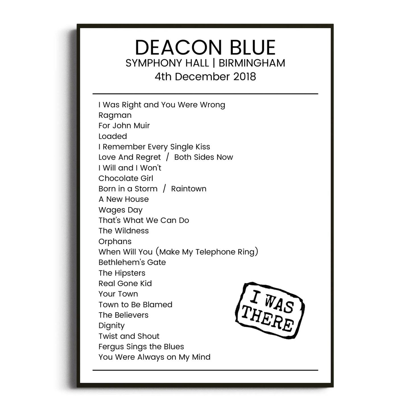 Deacon Blue Birmingham 04 December 2018 Setlist Poster