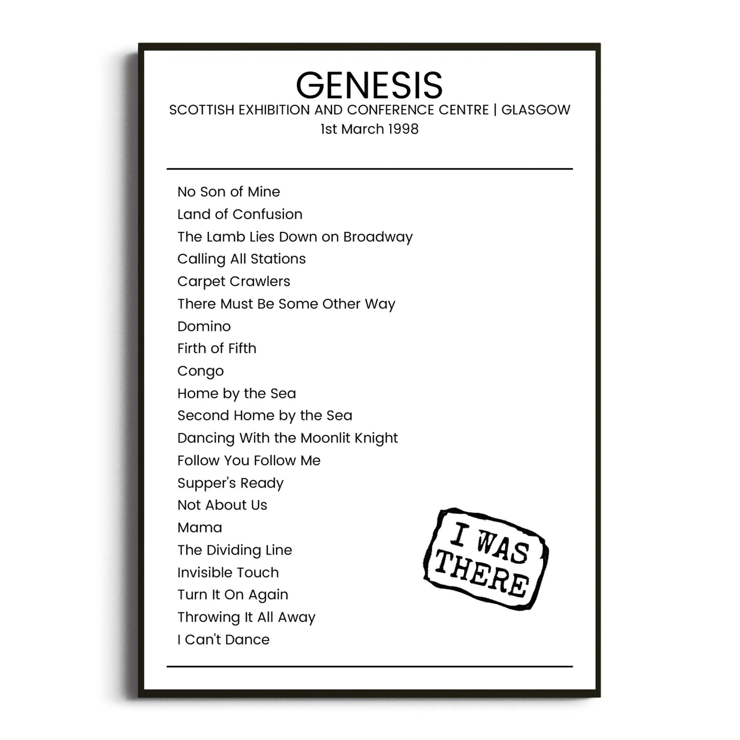 Genesis Glasgow 01 March 1998 Setlist Poster