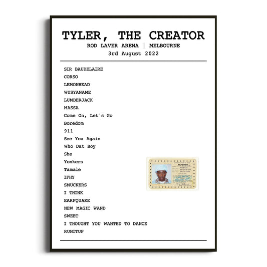 Tyler, The Creator Melbourne 03 August 2022 Setlist Poster