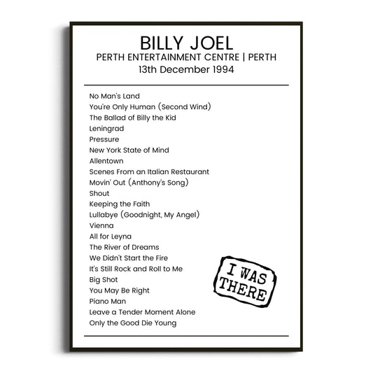 Billy Joel Perth 13 December 1994 Setlist Poster